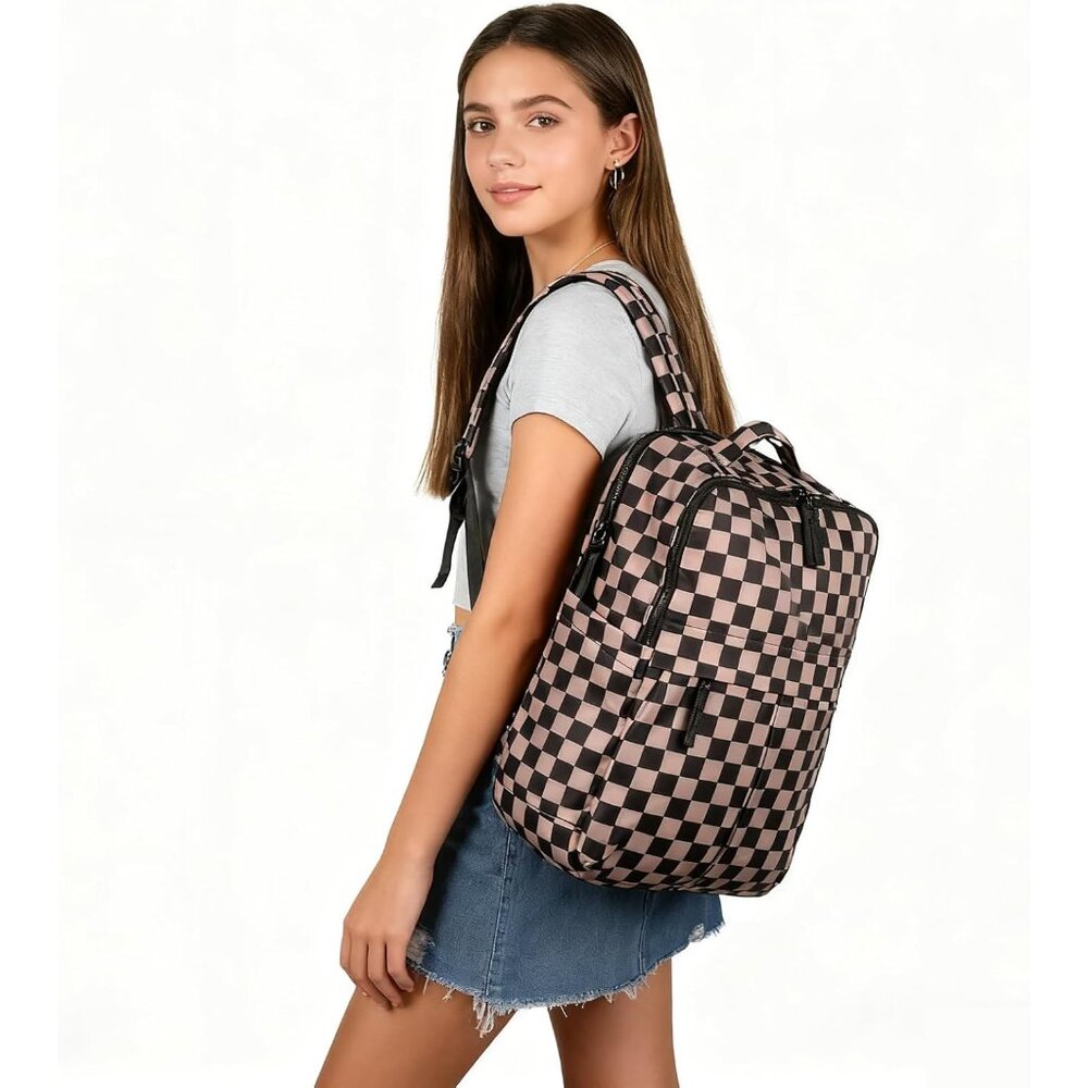 Cute Checkered Nylon Backpack With Organized Stor… - image 3